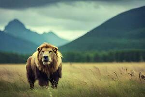 a lion is walking in a field with mountains in the background. AI-Generated photo