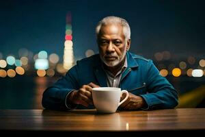 an older man sitting at a table with a cup of coffee. AI-Generated photo