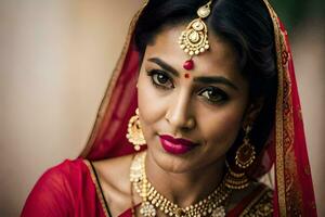 a beautiful indian bride in red and gold. AI-Generated photo