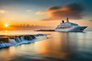 un crucero Embarcacion en el Oceano a puesta de sol. generado por ai foto