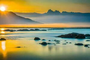the sun rises over a mountain range and a river. AI-Generated photo
