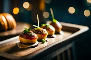 pequeño aperitivos en un de madera bandeja con luces en el antecedentes. generado por ai foto