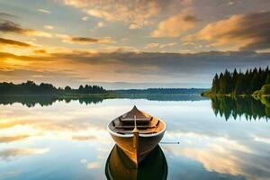 a boat is floating on a calm lake at sunset. AI-Generated photo