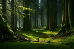 a forest with trees and grass. AI-Generated photo