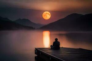 a man sitting on a dock looking at the full moon. AI-Generated photo