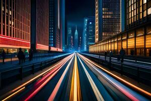 a city street at night with light trails. AI-Generated photo