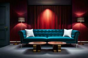 a blue couch in a room with red walls. AI-Generated photo