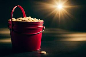 a red bucket filled with pills on a dark background. AI-Generated photo