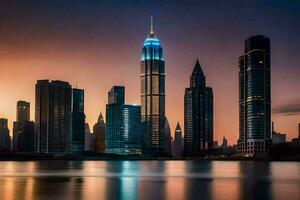 el ciudad horizonte a puesta de sol en Dubái generado por ai foto