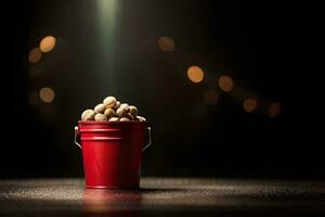 a red bucket filled with nuts on a dark table. AI-Generated photo