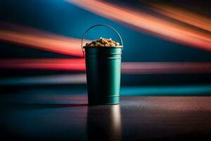 a bucket of popcorn on a table. AI-Generated photo