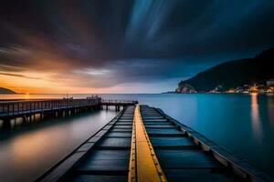 a long exposure photo of a dock at sunset. AI-Generated