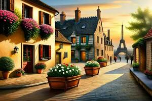 a street in paris with flowers in pots. AI-Generated photo