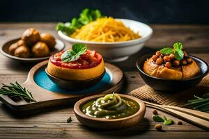 un mesa con varios comida artículos incluso pan, queso y vegetales. generado por ai foto