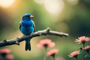a blue bird sits on a branch in front of pink flowers. AI-Generated photo