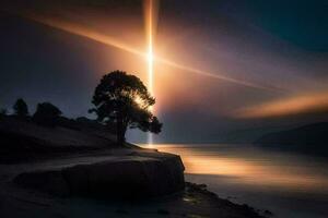 a tree stands on the shore of a lake with a cross beam shining through the sky. AI-Generated photo