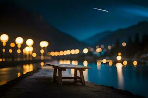 a bench sits on the edge of a lake at night. AI-Generated photo