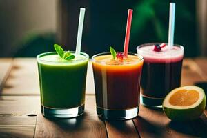 three different types of smoothies on a wooden table. AI-Generated photo
