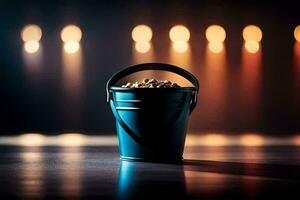 a bucket of popcorn on a table in front of a spotlight. AI-Generated photo