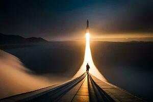 a man standing on a bridge looking at a rocket. AI-Generated photo