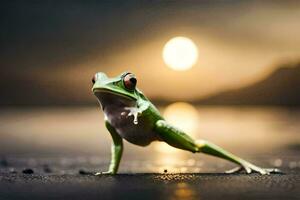 a frog is standing on its hind legs in front of the sun. AI-Generated photo