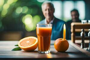 an orange and a glass of juice on a table. AI-Generated photo