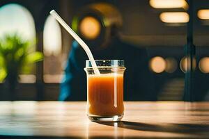 a glass of orange juice sitting on a table. AI-Generated photo