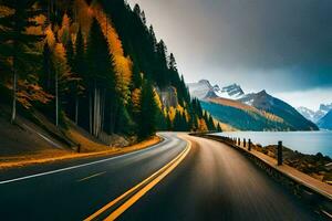 a scenic road with mountains in the background. AI-Generated photo