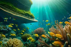 a boat in the ocean with coral and fish. AI-Generated photo