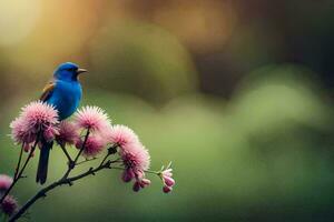 a blue bird is perched on a pink flower. AI-Generated photo