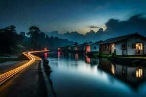 a long exposure photograph of a house on a river at night. AI-Generated photo