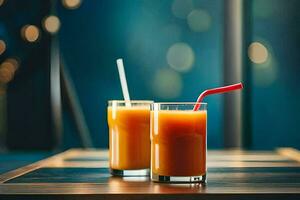 two glasses of orange juice with straws on a table. AI-Generated photo