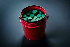 un rojo lata con verde pastillas adentro. generado por ai foto