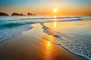 the sun rises over the ocean and waves on a beach. AI-Generated photo