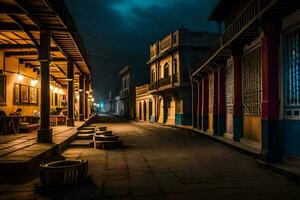 un calle en el antiguo pueblo de Cuba a noche. generado por ai foto