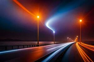 un largo exposición fotografía de un autopista a noche. generado por ai foto