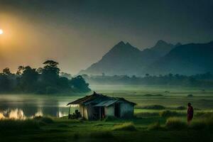 a man stands in front of a hut in the middle of a field. AI-Generated photo