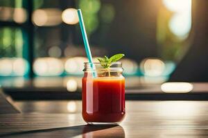 un vaso de tomate jugo en un mesa. generado por ai foto