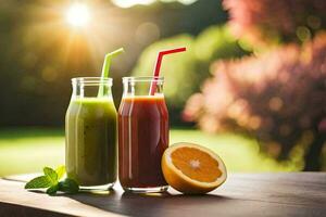 two glasses of juice with a straw and an orange. AI-Generated photo