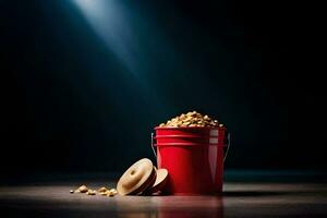 a red bucket filled with peanuts and a light shining on it. AI-Generated photo