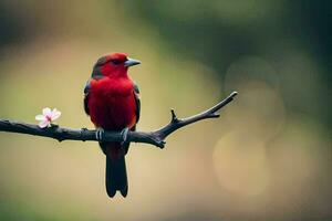 un rojo pájaro se sienta en un rama con un rosado flor. generado por ai foto