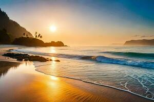 the sun rises over the ocean and the waves crash into the shore. AI-Generated photo