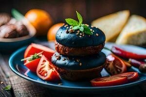 a plate with a chocolate cake and vegetables. AI-Generated photo