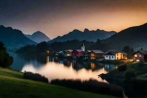 foto fondo de pantalla el cielo, montañas, lago, casa, atardecer, el montañas, el lago,. generado por ai