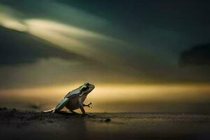 a frog sitting on the beach at night. AI-Generated photo