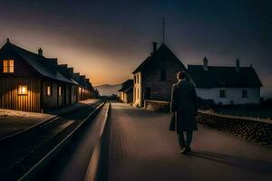 a man walks down a road in front of a house. AI-Generated photo