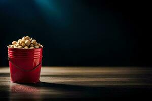 a red bucket filled with peanuts on a table. AI-Generated photo