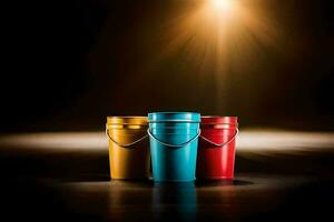 three buckets with light shining on them. AI-Generated photo