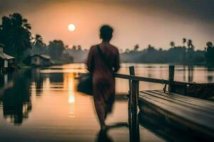 un mujer caminando a través de un muelle a puesta de sol. generado por ai foto