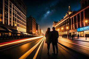 un Pareja en pie en un ciudad calle a noche. generado por ai foto